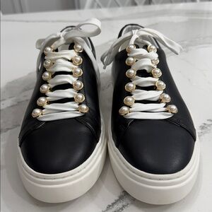 Stuart Weitzman Excelsa Faux Pearl-Embellished Leather Sneakers.
